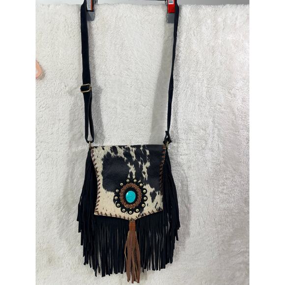 Handmade Genuine Suede Cowhide Fringe Crossbody Turquoise Stone embell New - Picture 1 of 8